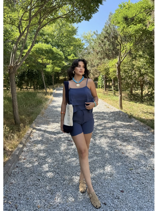 Lacivert Askılı Bluz Şort Takım