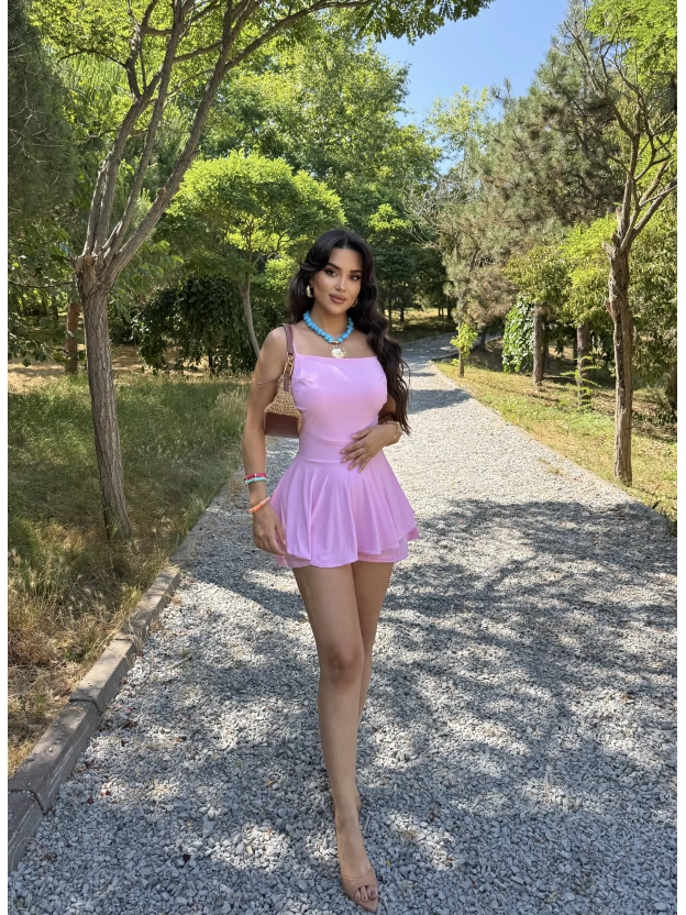 Pembe Askılı Şortlu Elbise