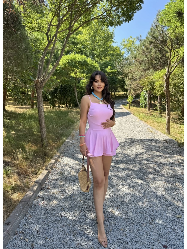 Pembe Askılı Şortlu Elbise