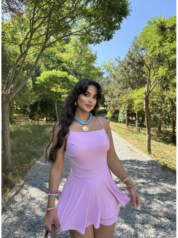 Pembe Askılı Şortlu Elbise