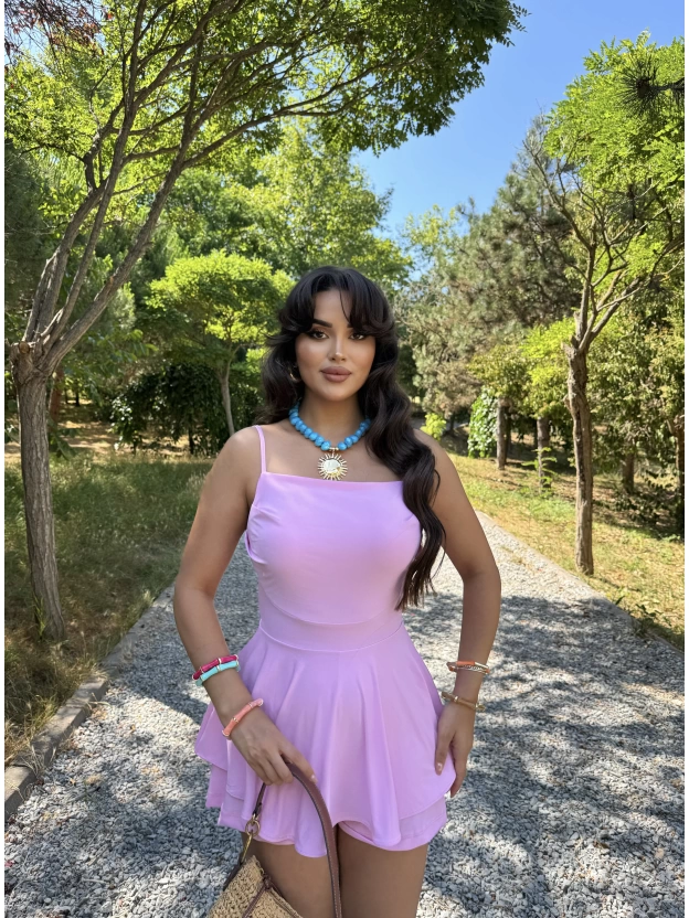 Pembe Askılı Şortlu Elbise