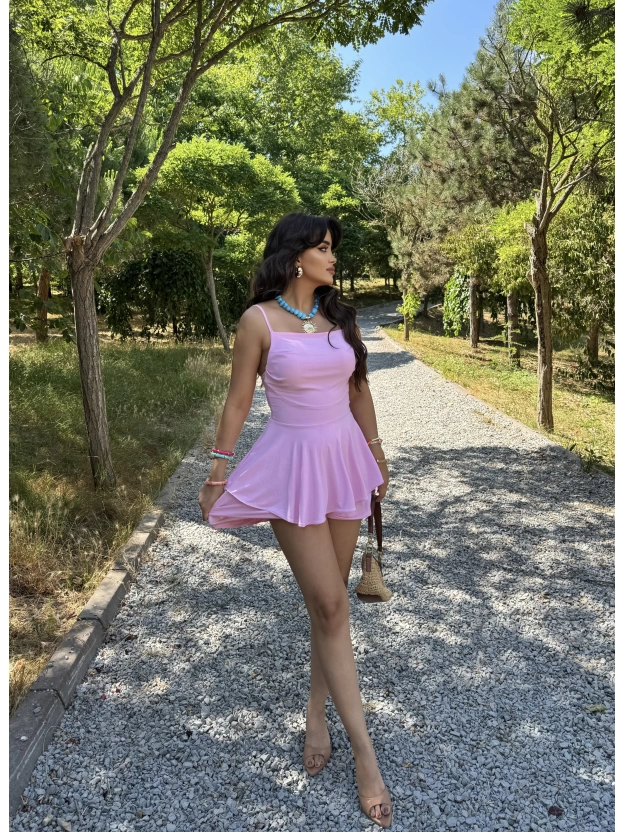 Pembe Askılı Şortlu Elbise