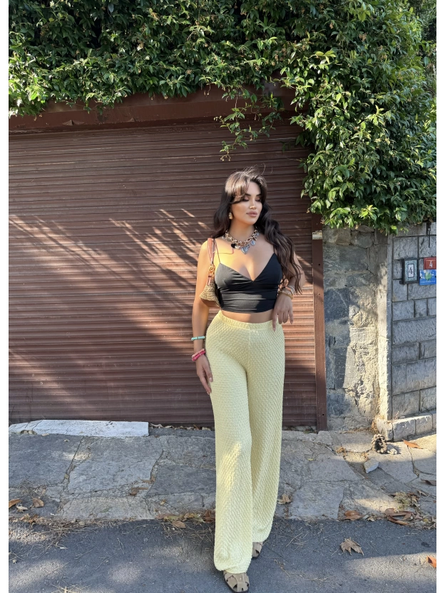 Sarı Beli Lastikli Bürümcük Pantolon