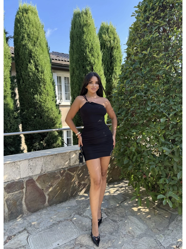 Siyah Drapeli Aksesuarlı Mini Elbise