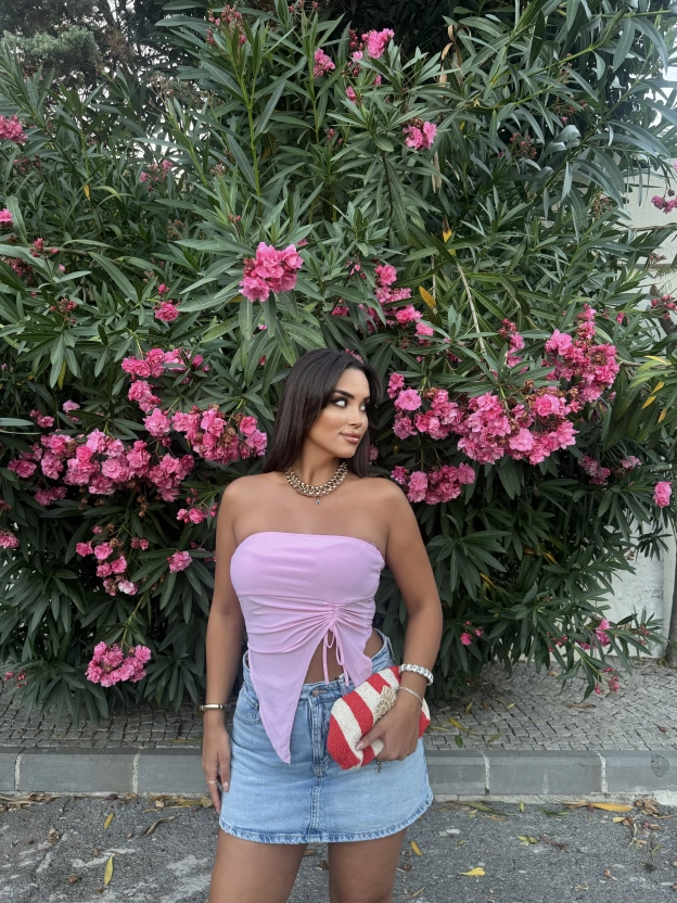 Pembe Straplez Büzgü Detay Crop