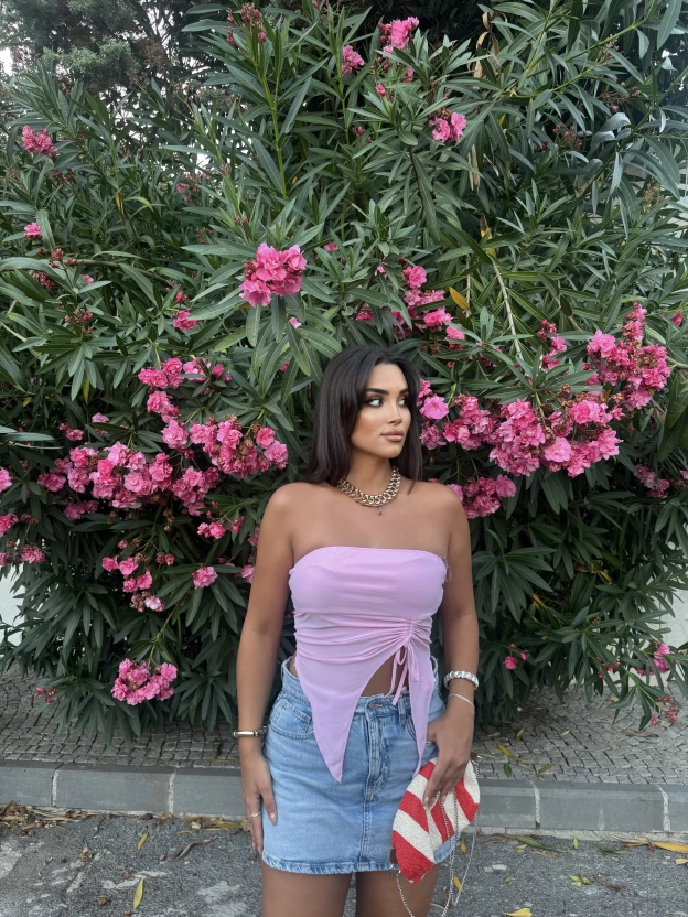 Pembe Straplez Büzgü Detay Crop