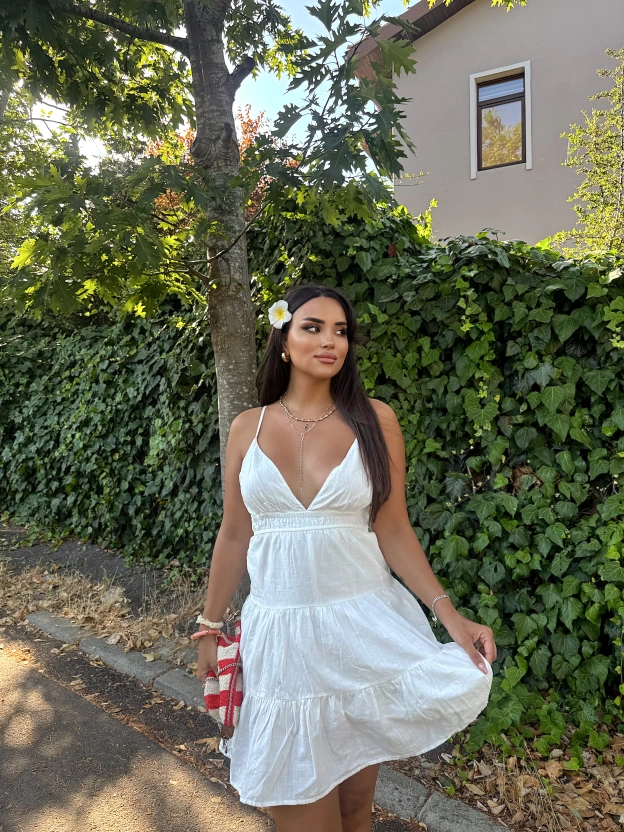Beyaz Kısa Sırt Detay Keten Elbise