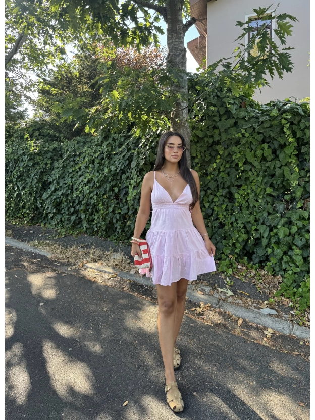 Pembe Kısa Sırt Detay Keten Elbise