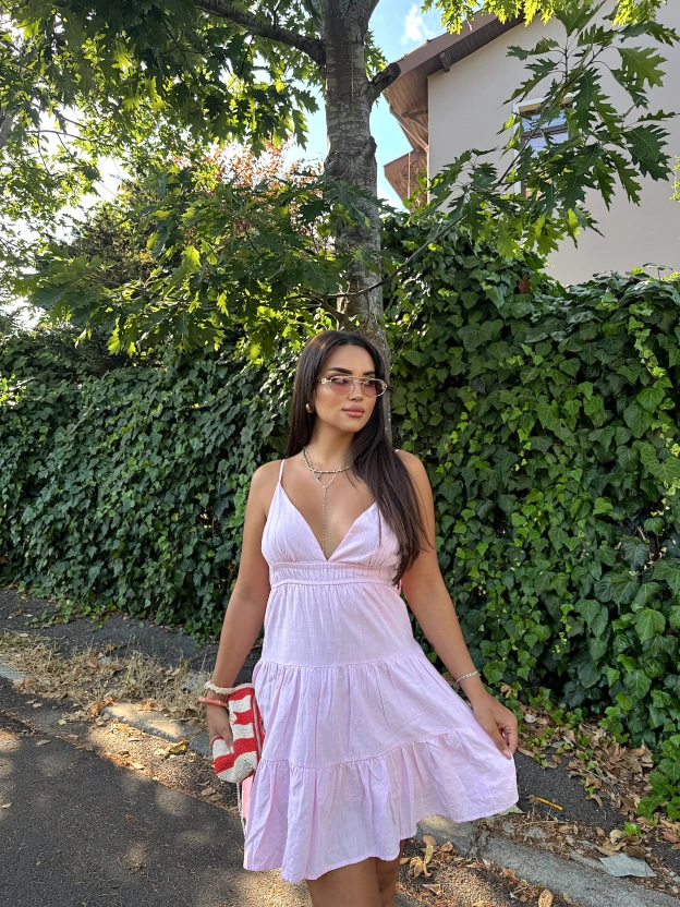 Pembe Kısa Sırt Detay Keten Elbise