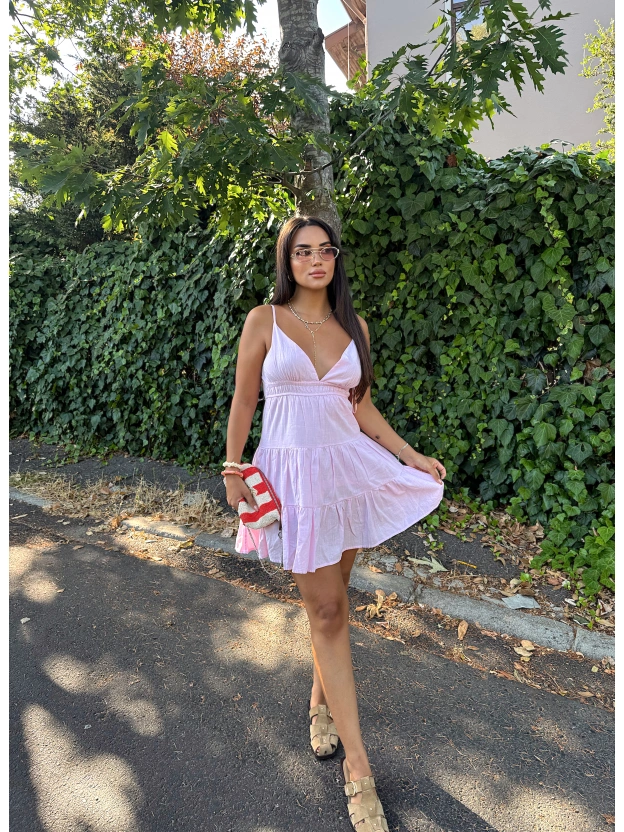 Pembe Kısa Sırt Detay Keten Elbise