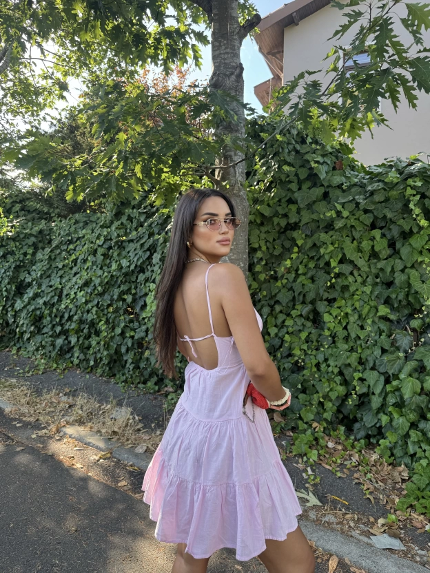 Pembe Kısa Sırt Detay Keten Elbise