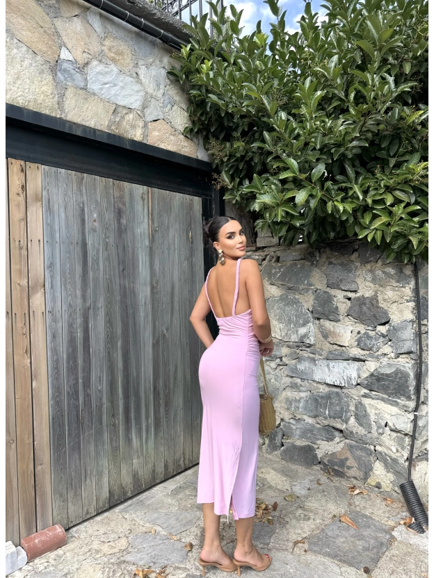 Pembe Halter Yaka Büzgülü Elbise