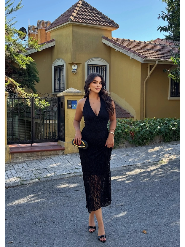 Siyah Boyundan Bağlamalı Dantel Detay Elbise