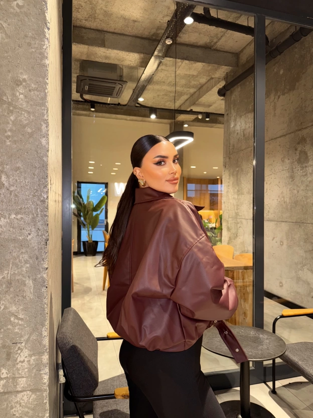 Bordo Kemer Detay Oversize Deri Ceket