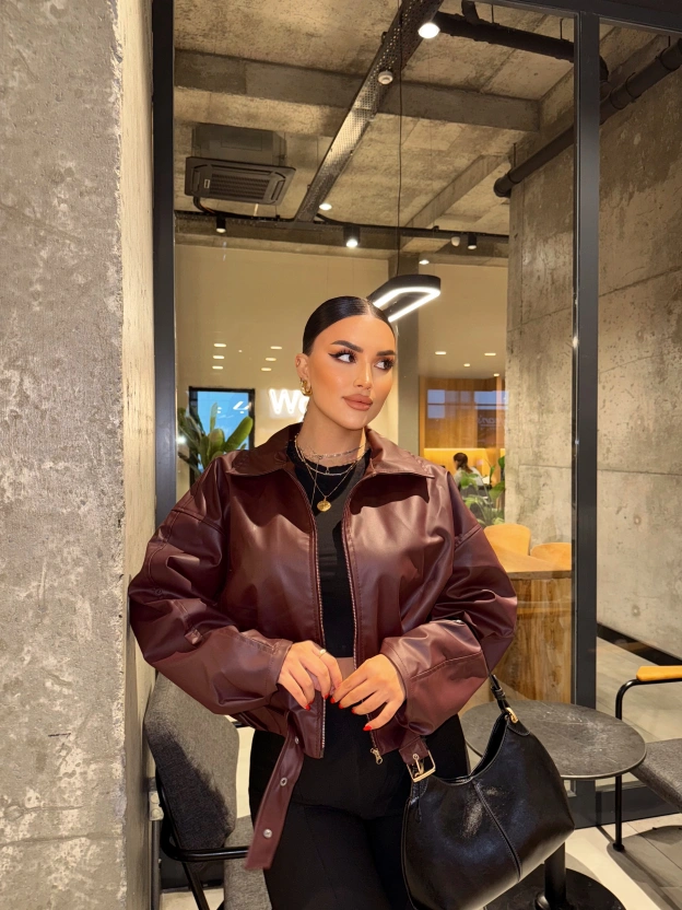 Bordo Kemer Detay Oversize Deri Ceket