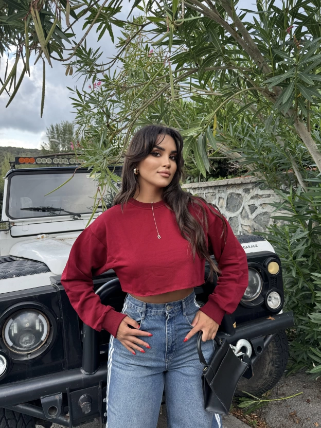 Bordo Oversize Crop Sweatshırt