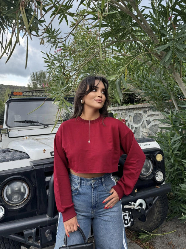 Bordo Oversize Crop Sweatshırt