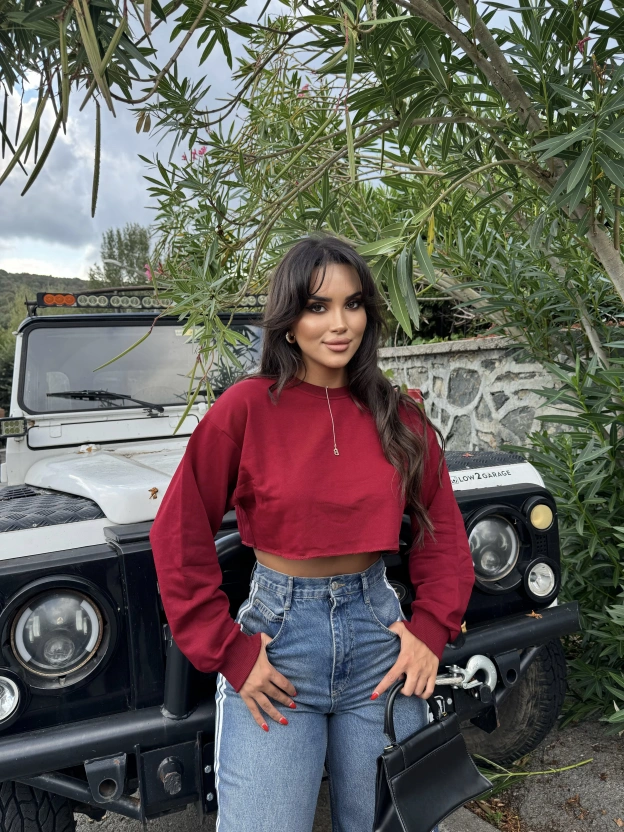 Bordo Oversize Crop Sweatshırt
