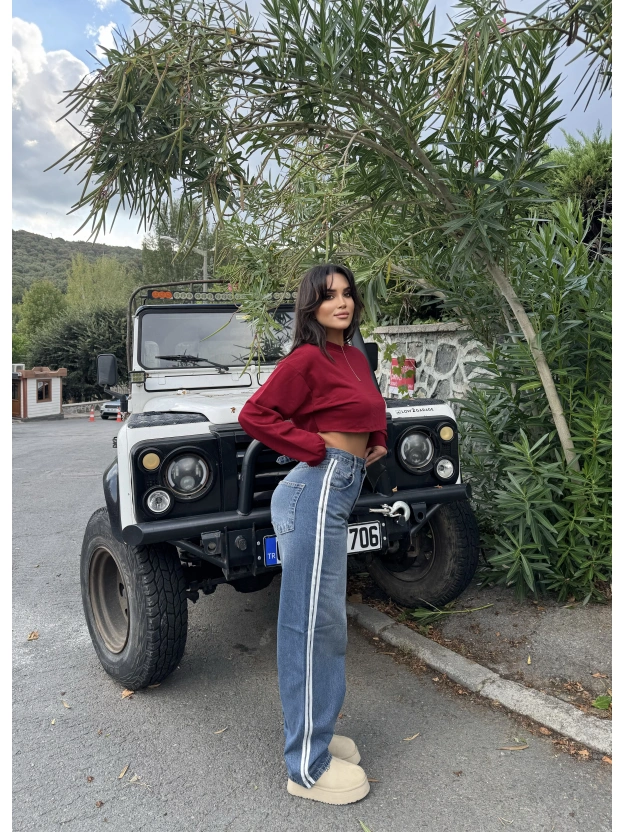 Mavi Şeritli Tokalı Baggy Jean
