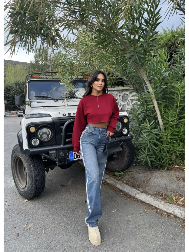 Mavi Şeritli Tokalı Baggy Jean