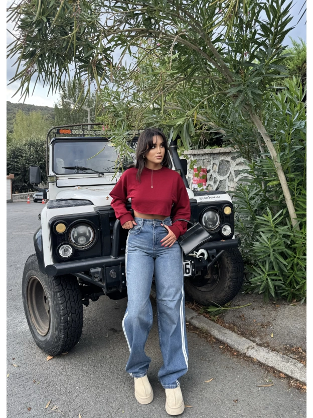 Mavi Şeritli Tokalı Baggy Jean