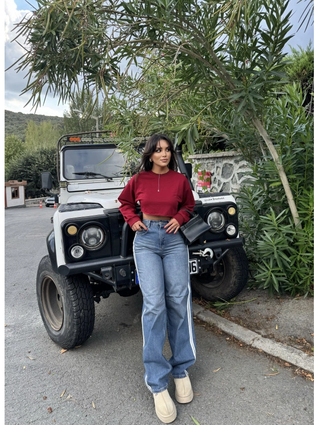 Mavi Şeritli Tokalı Baggy Jean
