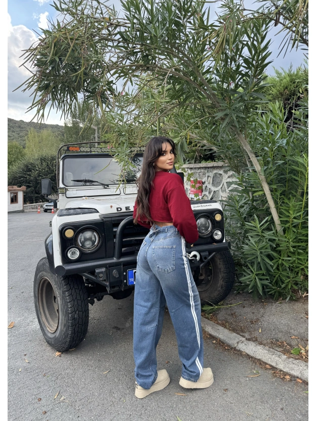 Mavi Şeritli Tokalı Baggy Jean