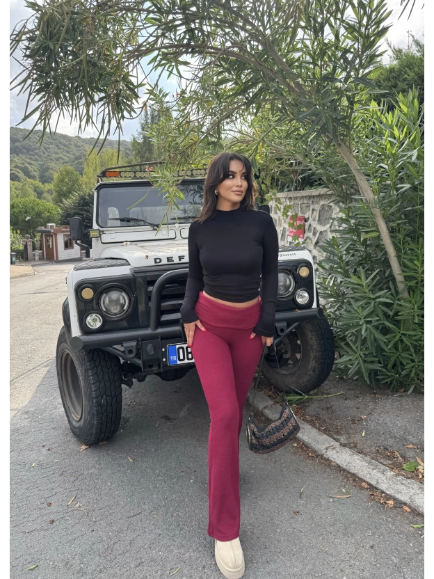 Bordo Bel Katlamalı Brshk Yumoş Tayt Pantolon