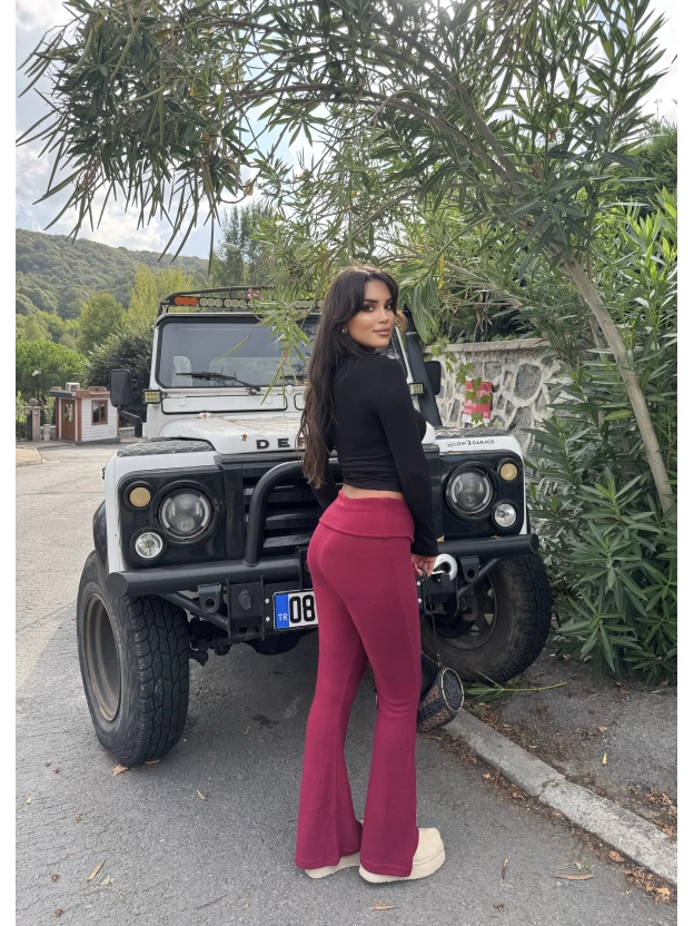 Bordo Bel Katlamalı Brshk Yumoş Tayt Pantolon