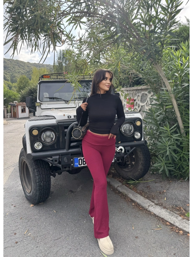Bordo Bel Katlamalı Brshk Yumoş Tayt Pantolon
