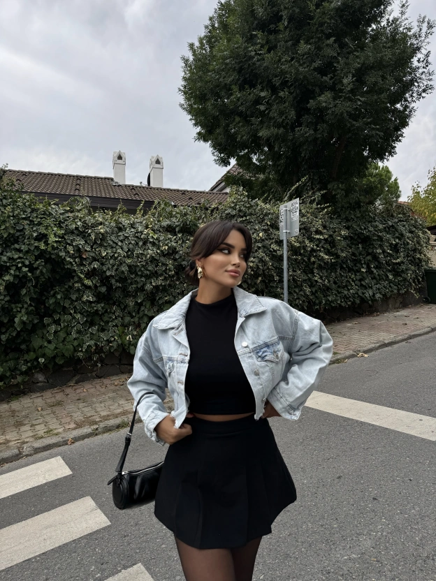 Buz Mavi Crop Ceket