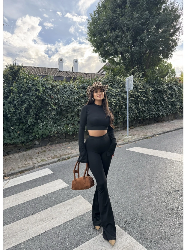 Siyah Balıkçı Yaka İspanyol Kol Crop Tayt Takım