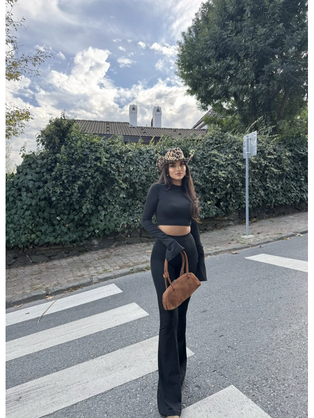 Siyah Balıkçı Yaka İspanyol Kol Crop Tayt Takım