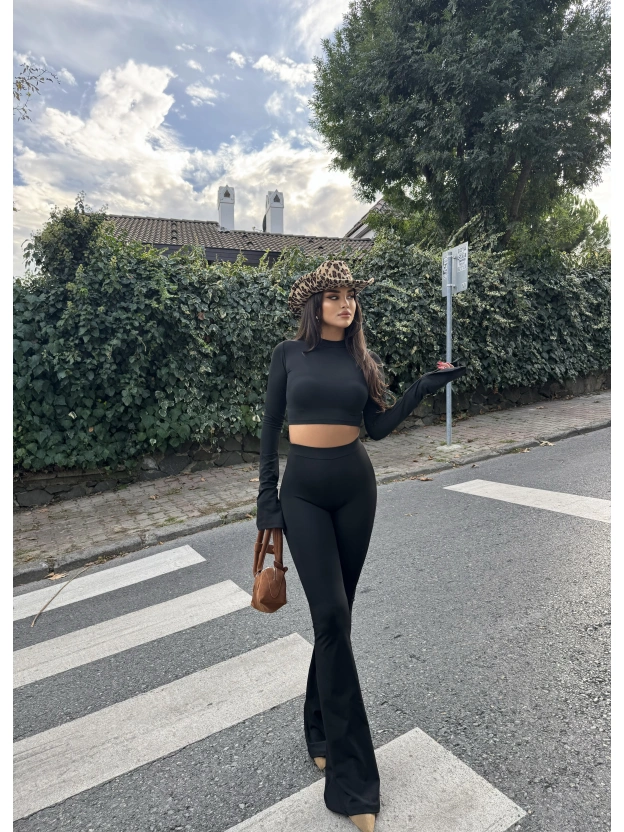Siyah Balıkçı Yaka İspanyol Kol Crop Tayt Takım