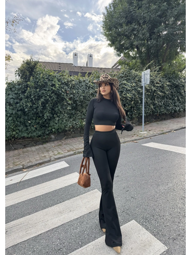 Siyah Balıkçı Yaka İspanyol Kol Crop Tayt Takım