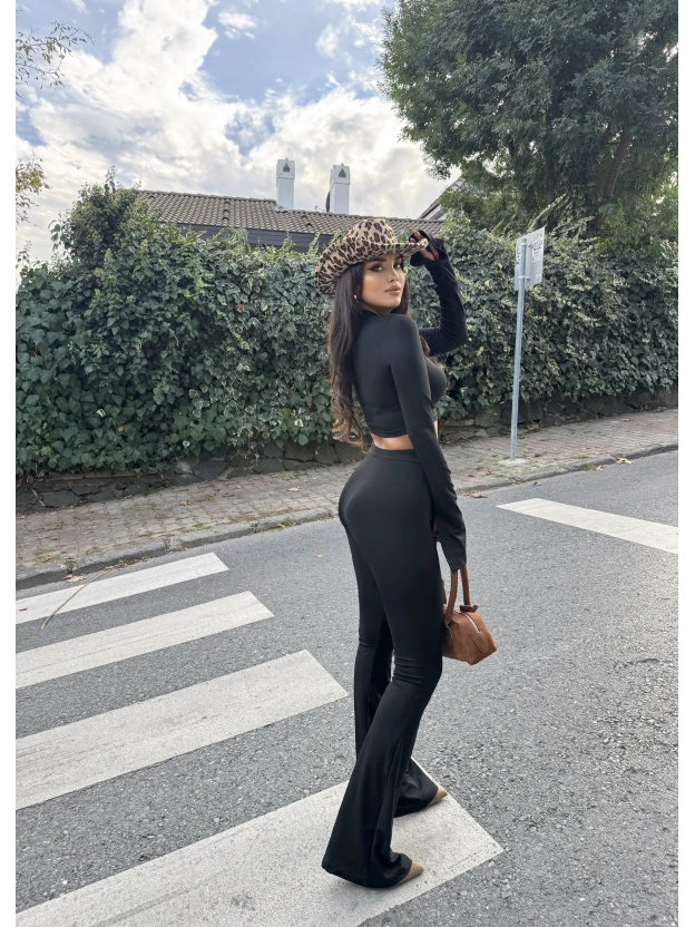 Siyah Balıkçı Yaka İspanyol Kol Crop Tayt Takım