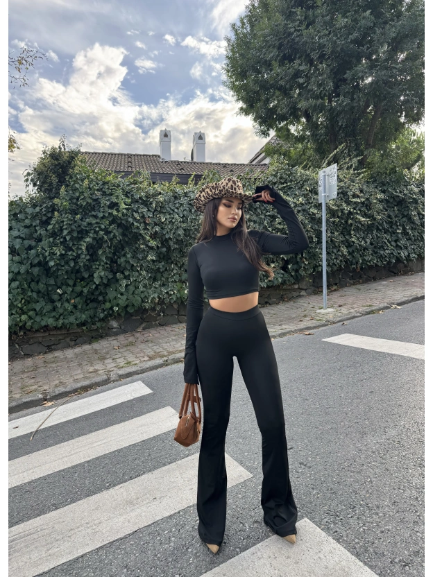 Siyah Balıkçı Yaka İspanyol Kol Crop Tayt Takım