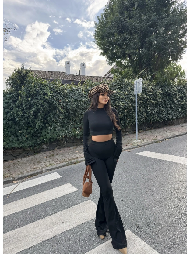 Siyah Balıkçı Yaka İspanyol Kol Crop Tayt Takım