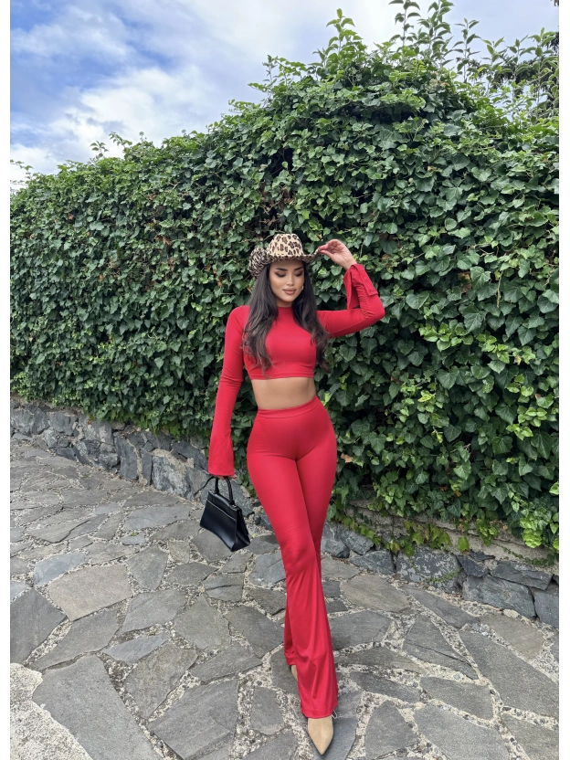 Kırmızı Balıkçı Yaka İspanyol Kol Crop Tayt Takım