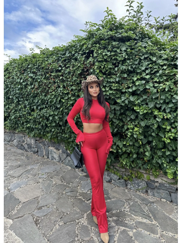 Kırmızı Balıkçı Yaka İspanyol Kol Crop Tayt Takım