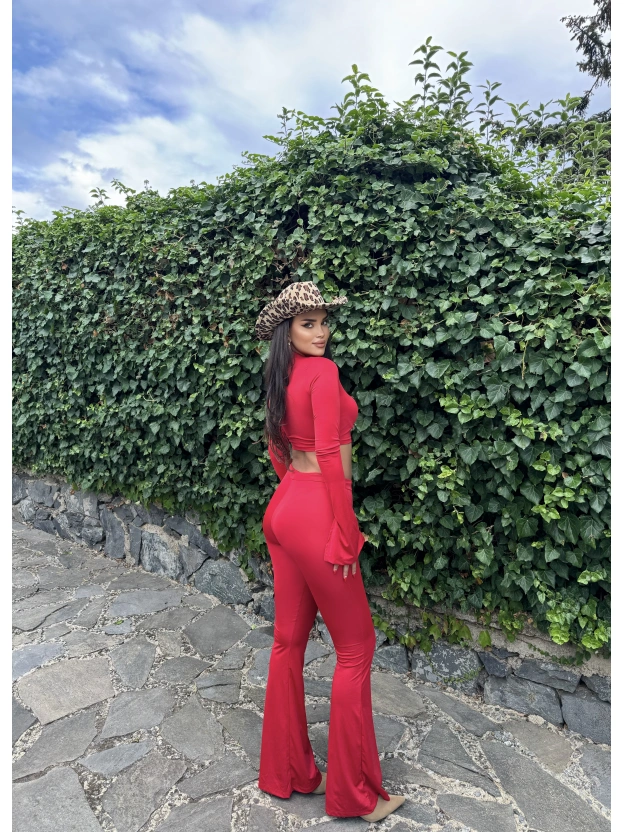 Kırmızı Balıkçı Yaka İspanyol Kol Crop Tayt Takım