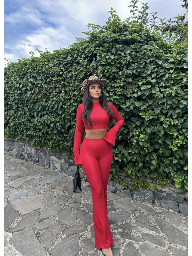 Kırmızı Balıkçı Yaka İspanyol Kol Crop Tayt Takım