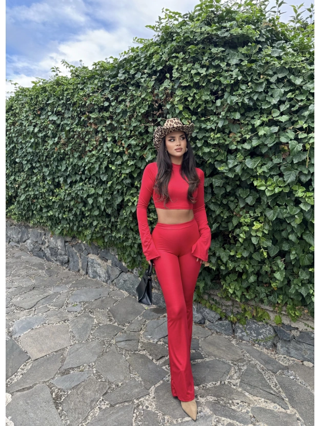 Kırmızı Balıkçı Yaka İspanyol Kol Crop Tayt Takım