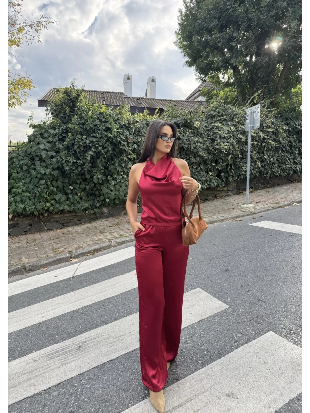 Bordo Saten Boyundan Geçirmeli Bluz Takım