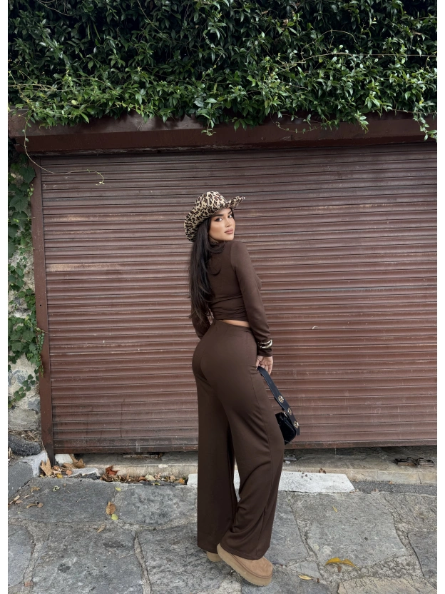 Kahverengi Modal Kruvaze Yaka Bağlamalı Takım