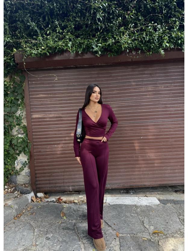 Bordo Modal Kruvaze Yaka Bağlamalı Takım