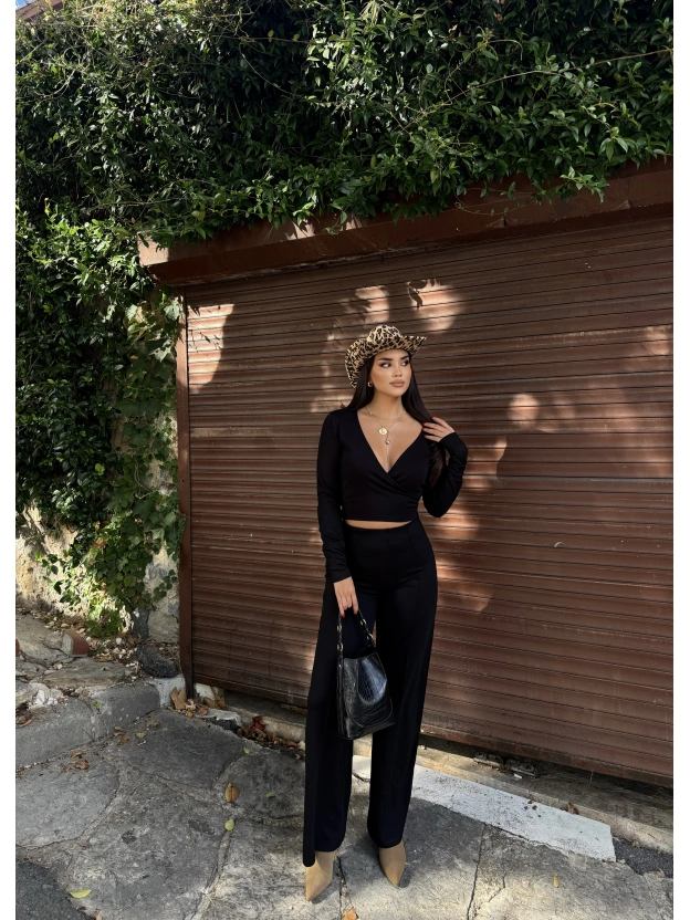 Siyah Modal Kruvaze Yaka Bağlamalı Takım