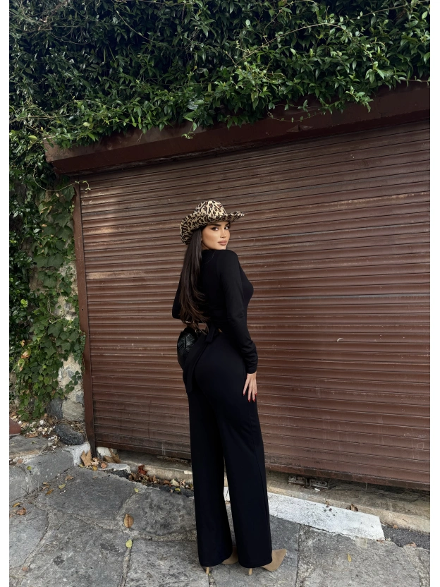 Siyah Modal Kruvaze Yaka Bağlamalı Takım