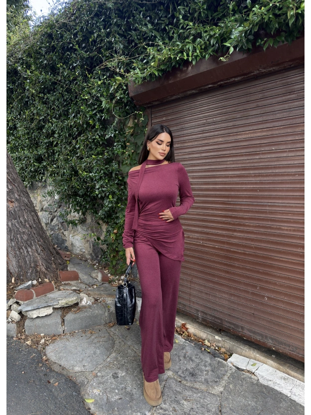 Bordo Fularlı Asimetrik İkili Takım