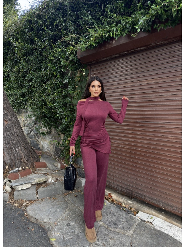 Bordo Fularlı Asimetrik İkili Takım